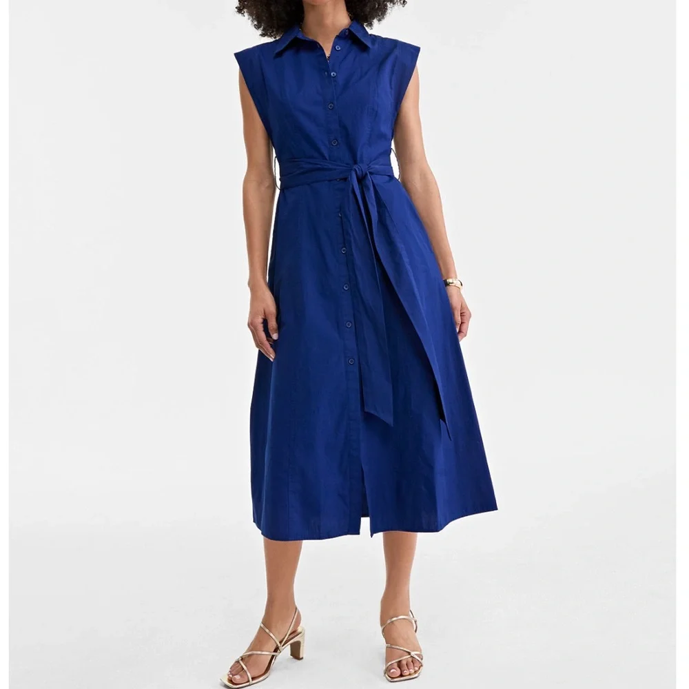 Elegant Blue Sleeveless Shirt Dress - Picture 1 of 3
